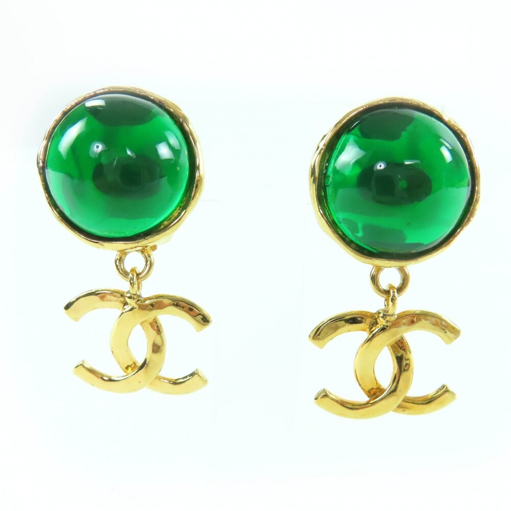 CHANEL Vintage 95A Gripoix Coco Mark Swing Stone Earrings, Gold and Green, Ma... - Picture 1 of 6